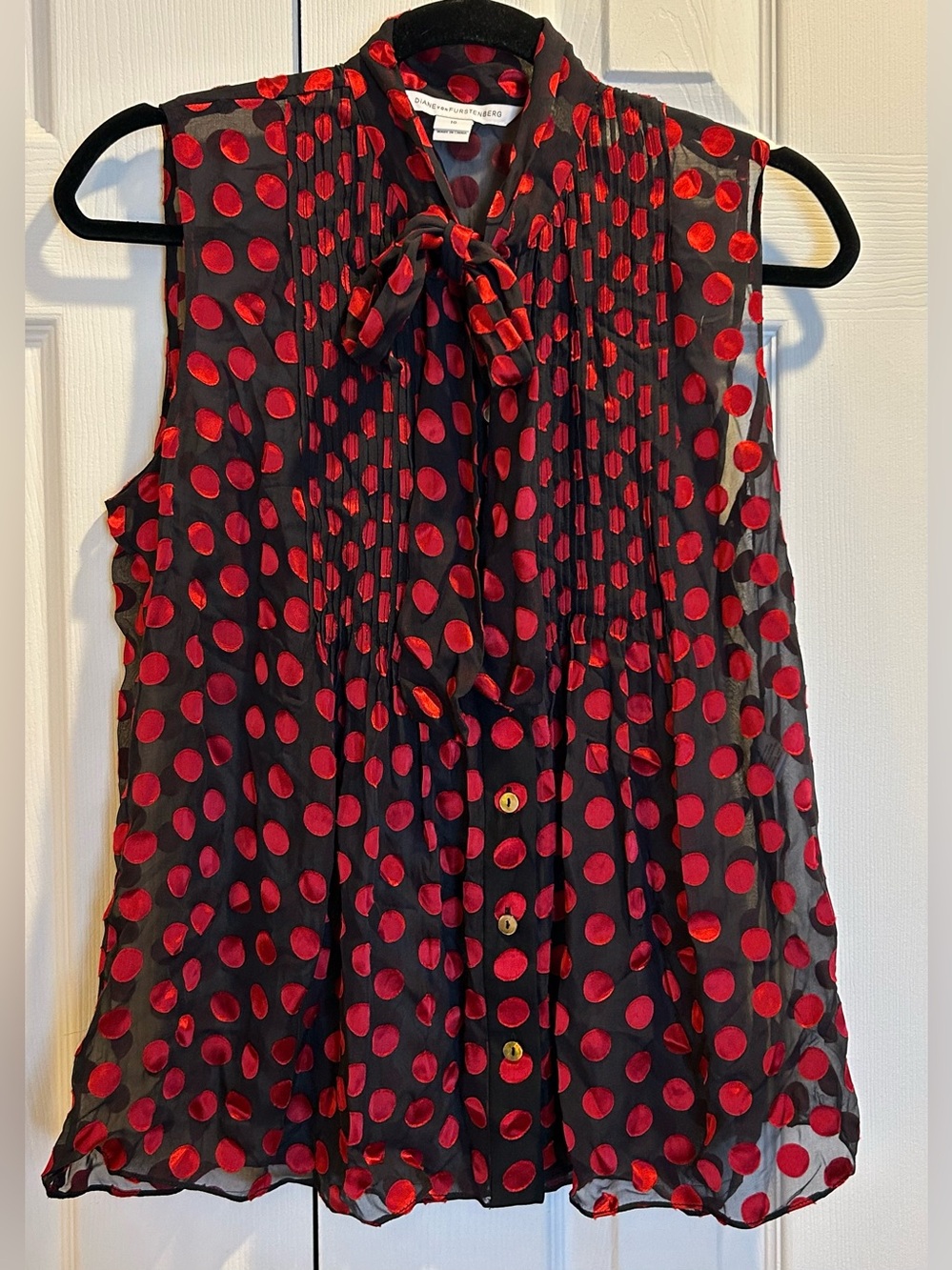 Diane Von Furstenberg Silk blend black with red polka dot sleeveless blouse